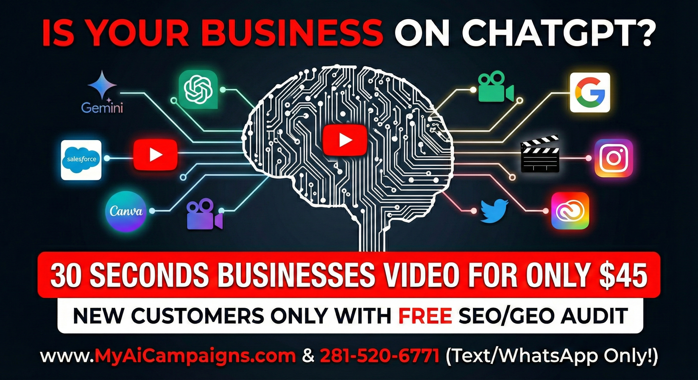 Promotional graphic: Is your business on ChatGPT? 30-second business video for $45, new customers only, with free SEO/GEO audit